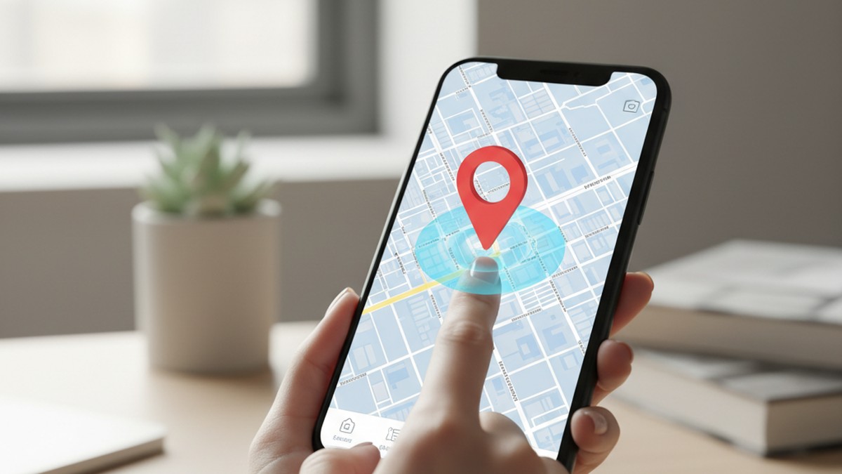 Hand holding smartphone with a map pin dropped on an urban city grid, showing Tinder location radius