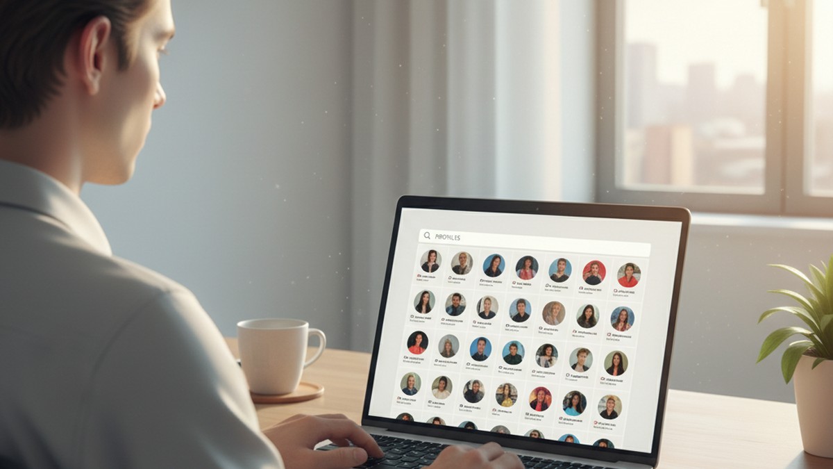 Over-the-shoulder view of person searching dating app profiles on a laptop with profile photos in a grid layout
