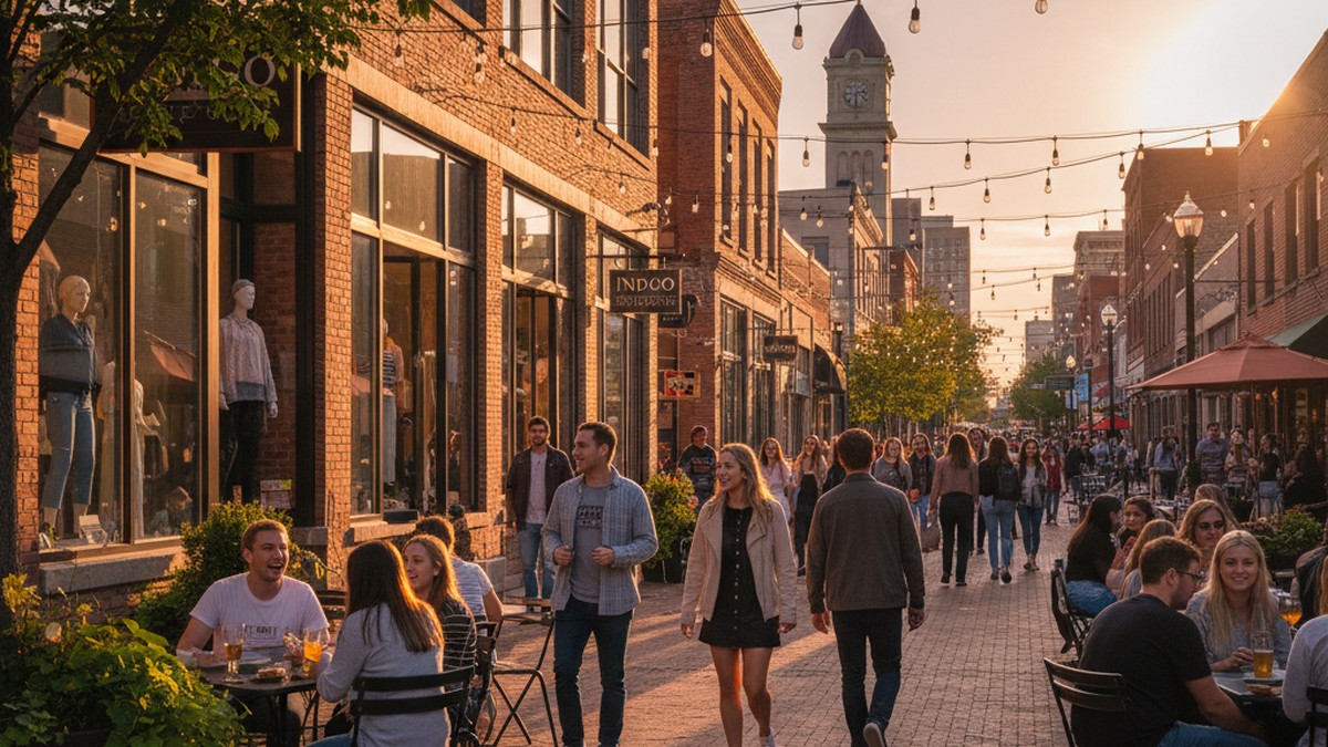 Vibrant Columbus neighborhood street scene with cafes and pedestrians at golden hour