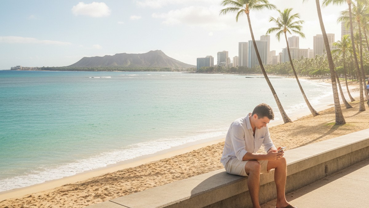 Person on Honolulu beach checking phone, illustrating the unique aspects of Tinder search in Hawaii