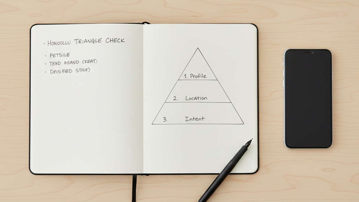 Overhead view of notebook with triangle framework diagram and smartphone, representing the Honolulu Triangle Check method