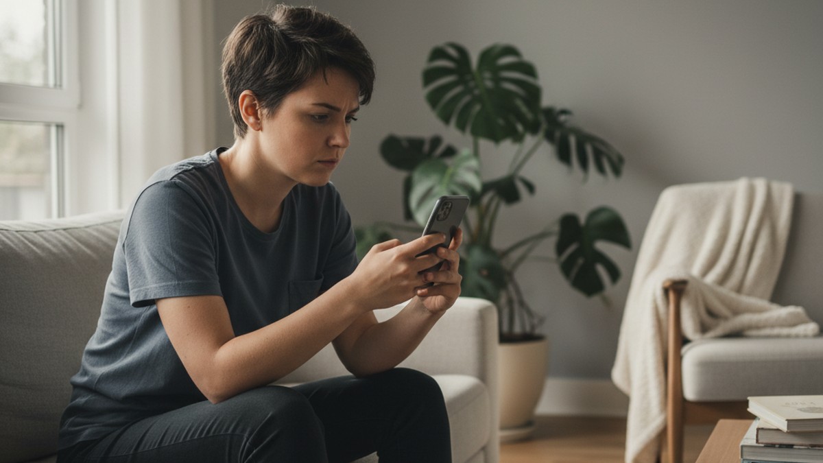 Person sitting alone reviewing their phone with a serious expression after finding a partner's dating profile