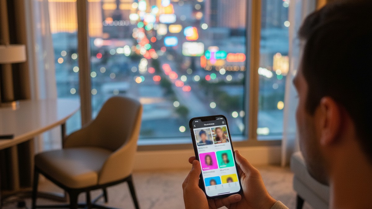 Over-the-shoulder view of person checking Tinder profile on phone with Las Vegas view