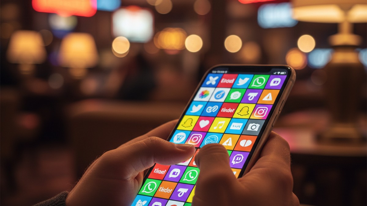 Hand holding smartphone with dating app icons, warm Las Vegas ambient lighting