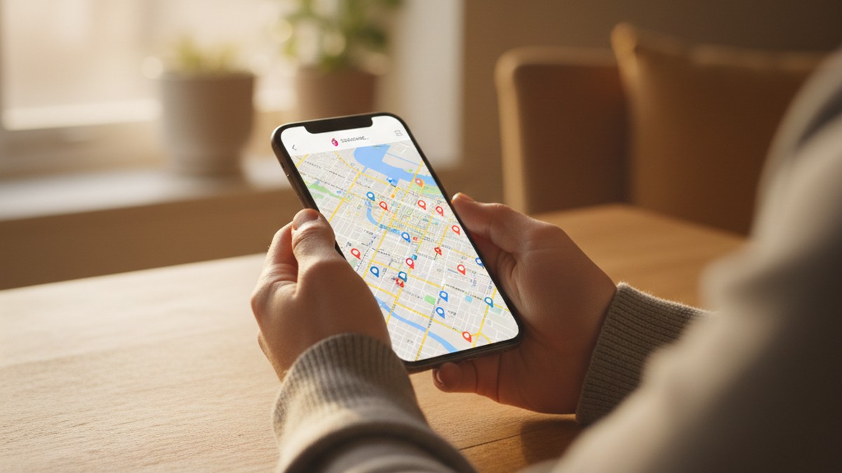 Person's hands holding a smartphone showing a map with location pins, representing Tinder location-based profile search
