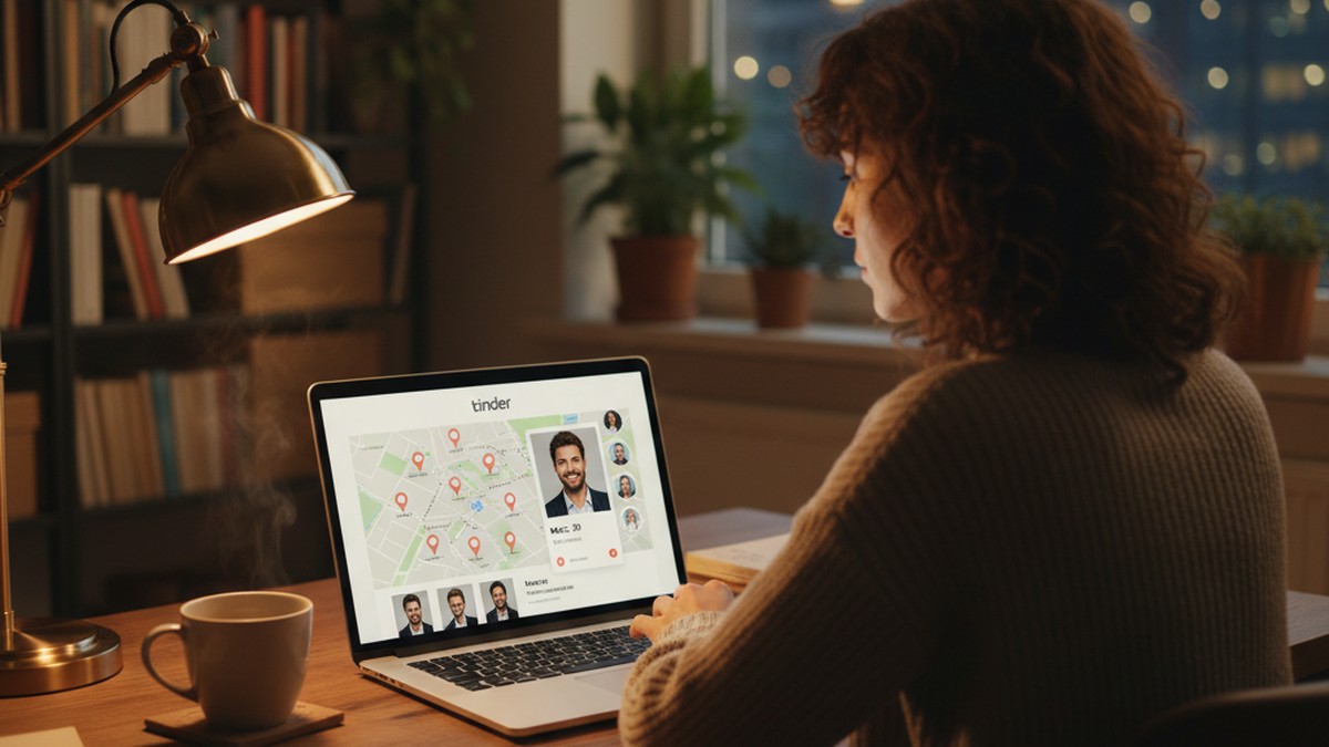 Over-the-shoulder view of someone browsing profiles on a laptop, representing Tinder Passport Mode search
