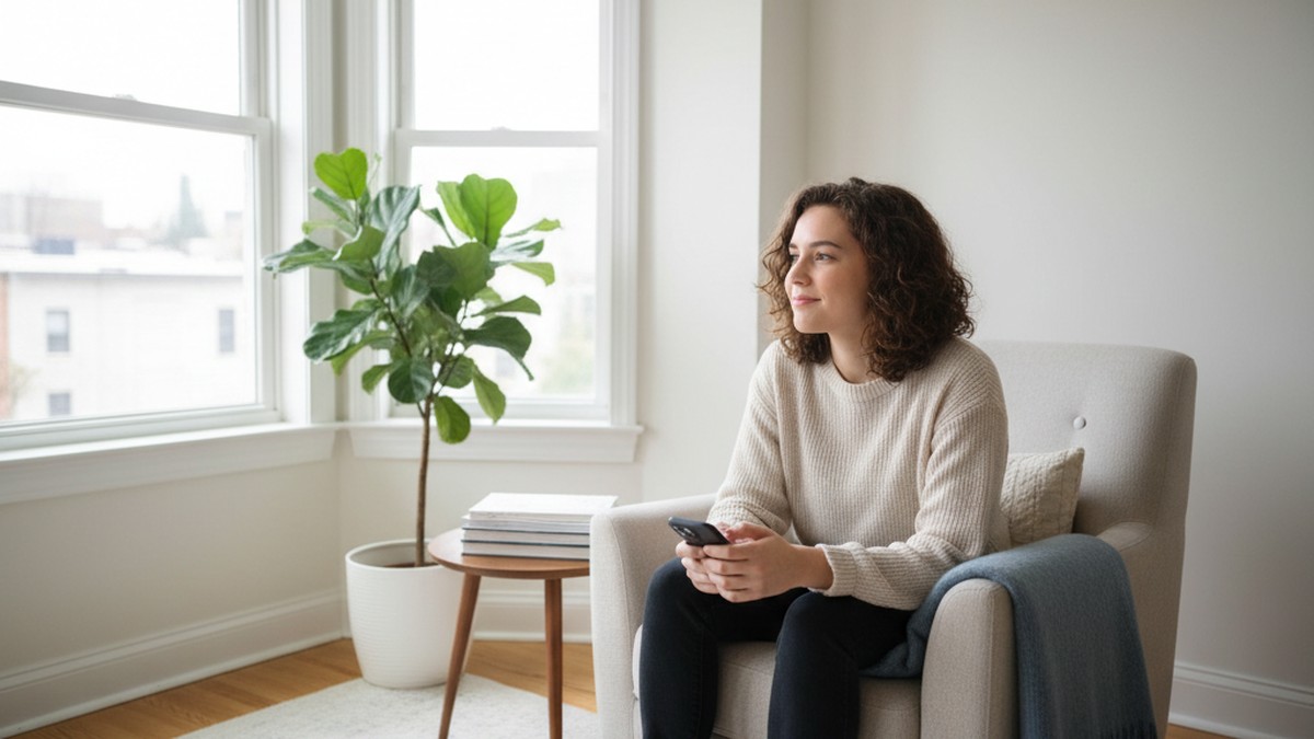 Person sitting near window looking thoughtfully at their phone, representing discovering a Tinder profile