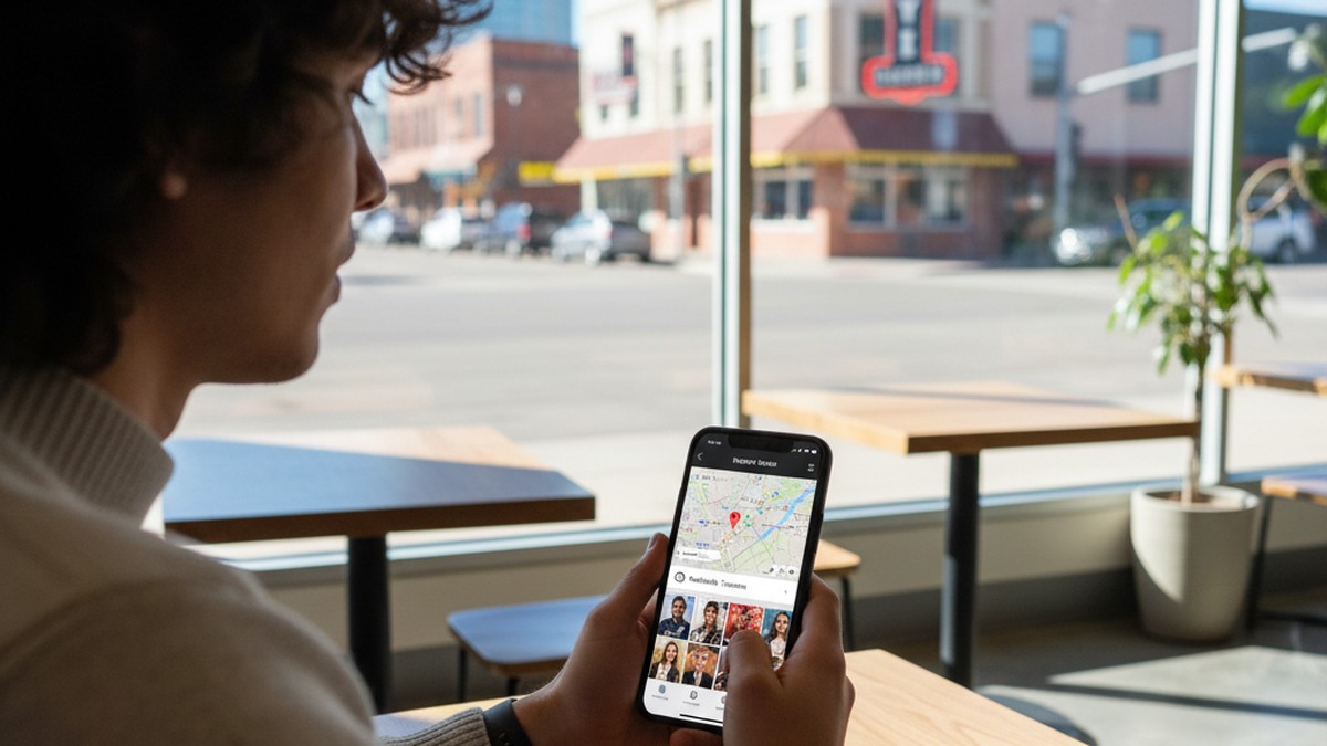 Person using Tinder Passport Mode at a Nashville cafe to browse local profiles