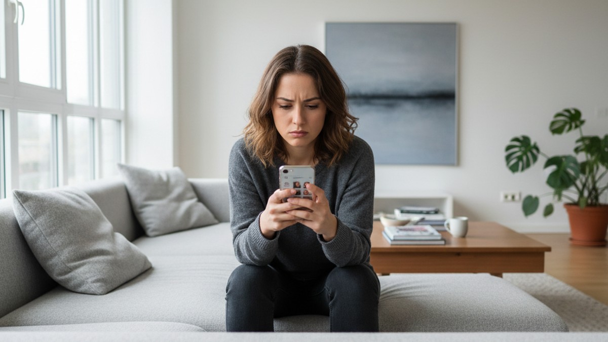 Person reviewing Tinder search results on couch, deciding next steps