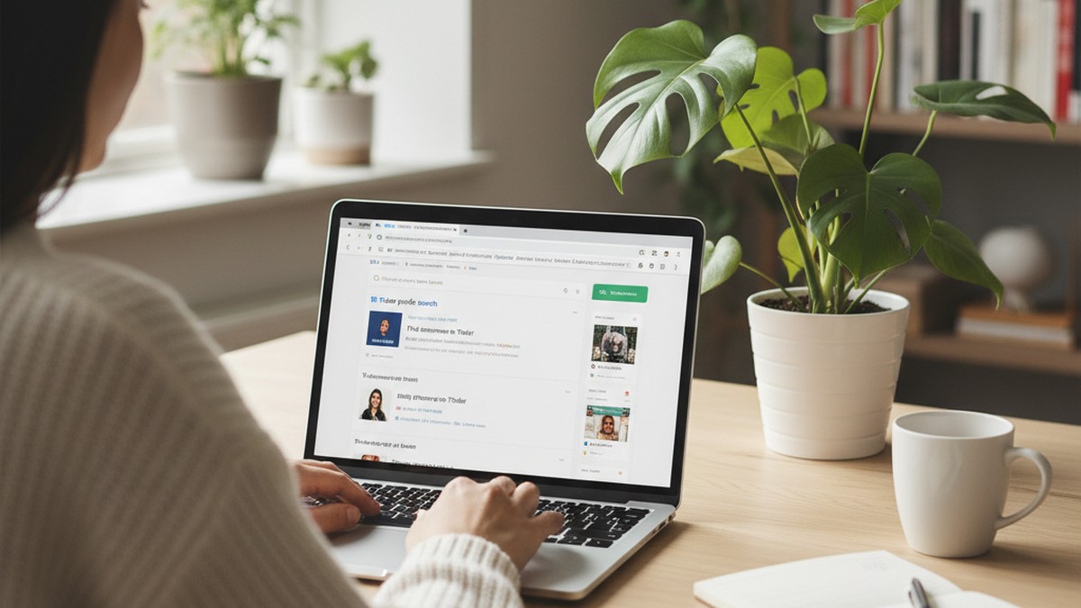 Person using laptop to search for Tinder profiles online