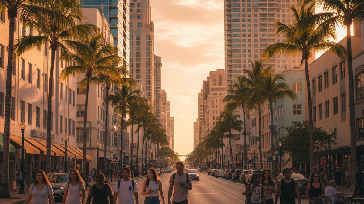 Urban Orlando street scene with palm trees and active young population