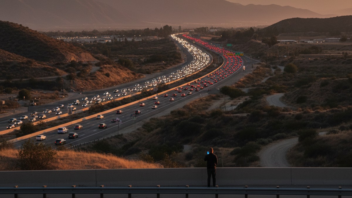 Southern California highway at dusk showing the LA-to-Riverside commute corridor