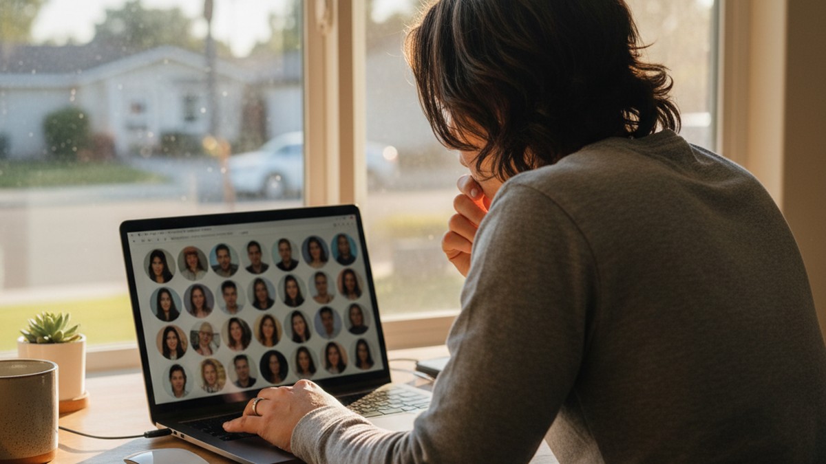 Person at laptop comparing dating profile photos using over-the-shoulder view