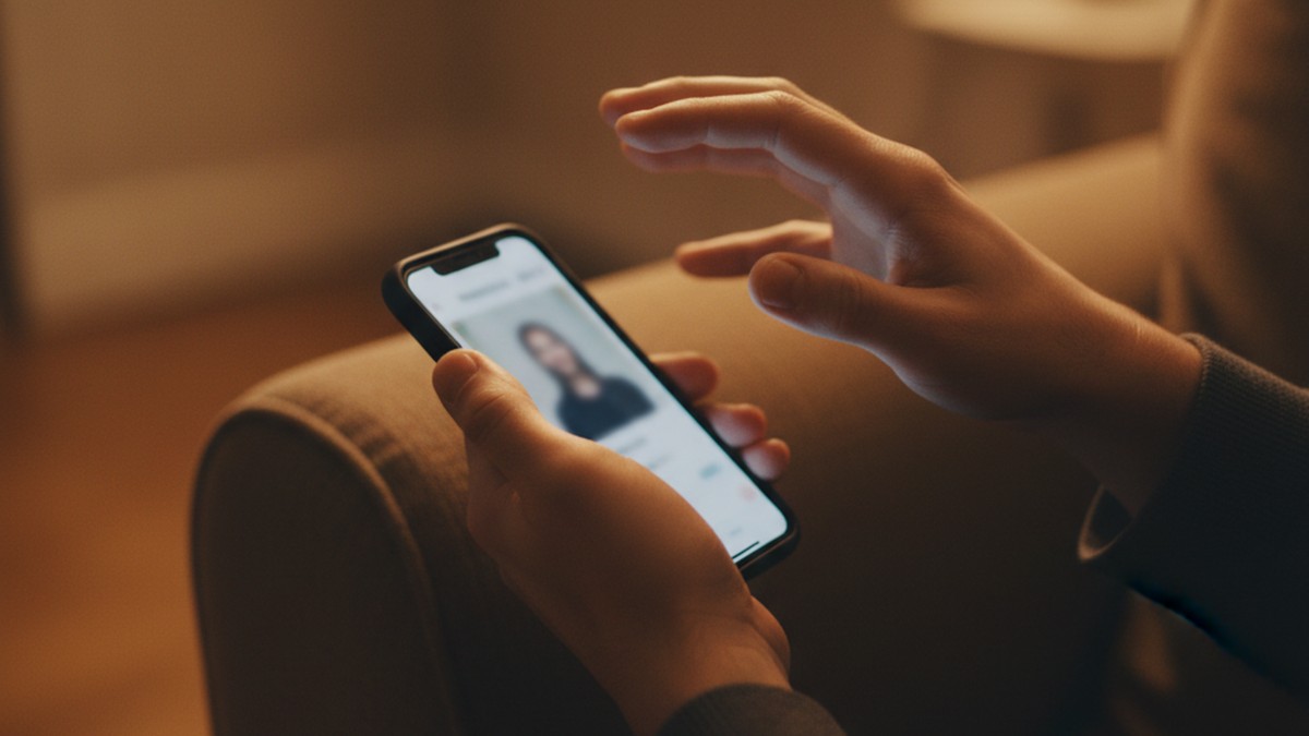 Hands holding smartphone displaying blurred dating profile, showing tension