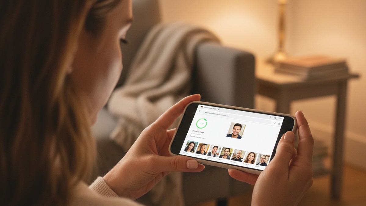 Woman using smartphone to perform reverse photo search on Tinder profile
