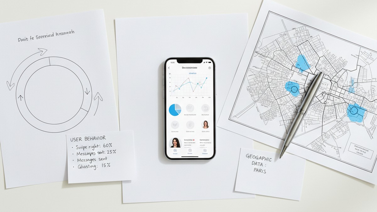 Overhead view of smartphone and research notes showing Spokane dating app user statistics
