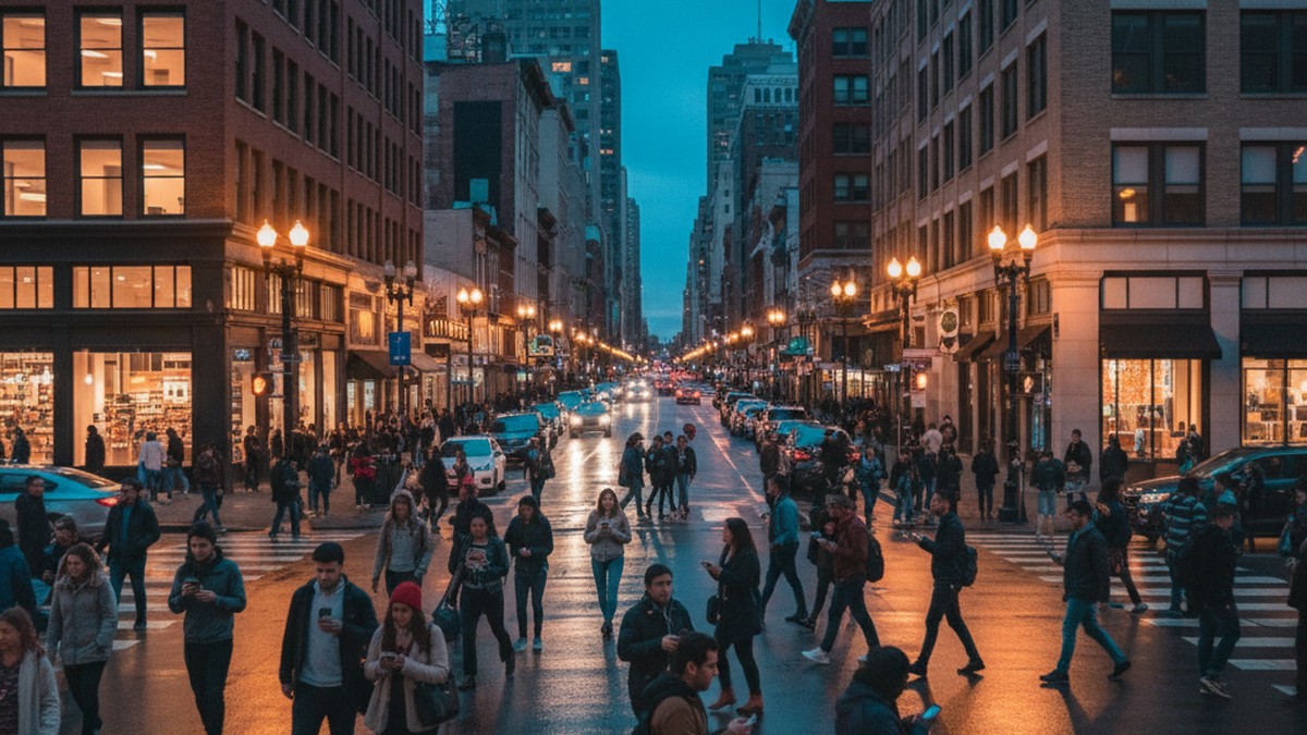 Crowded urban street with people on smartphones, illustrating the large transient Tinder user pool in St. Louis