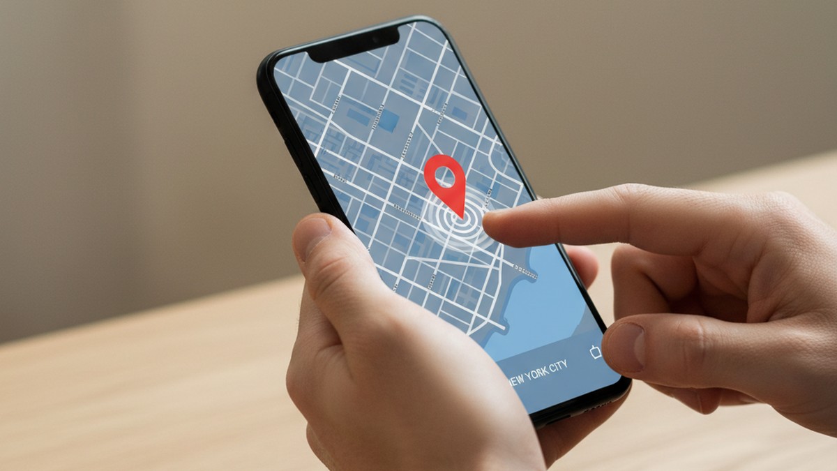 Hands adjusting location settings on a smartphone, showing how Tinder Passport is used to search profiles in another city