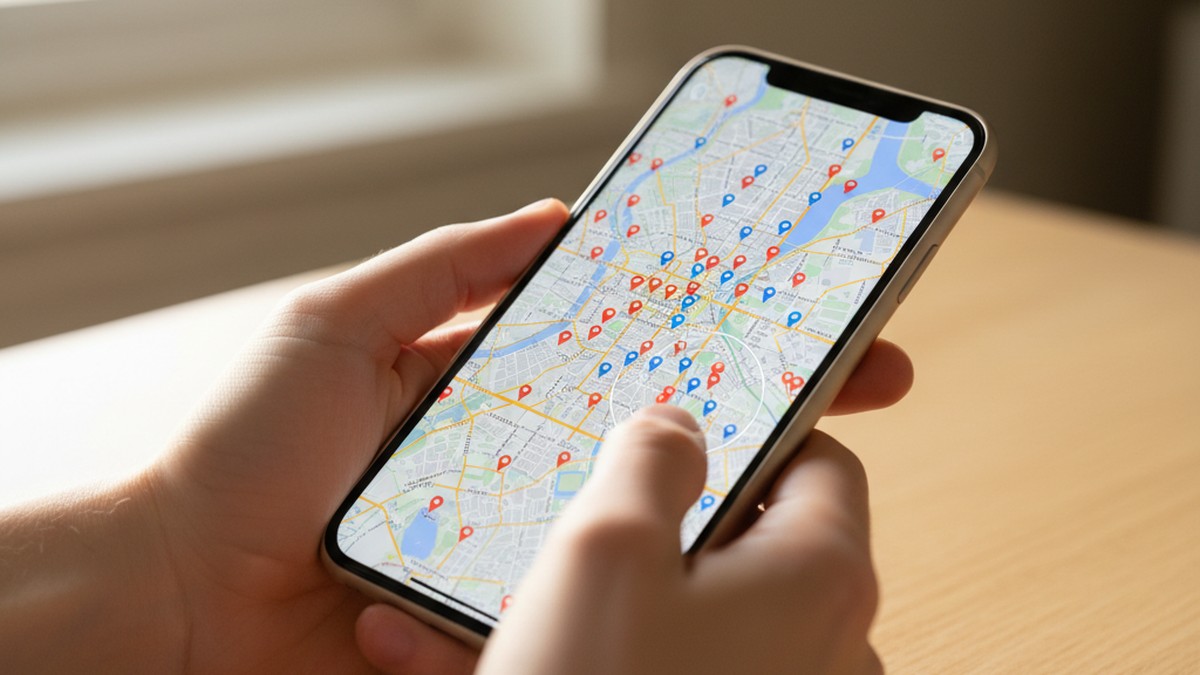 Hands holding smartphone with location map showing Washington DC neighborhoods for Tinder search
