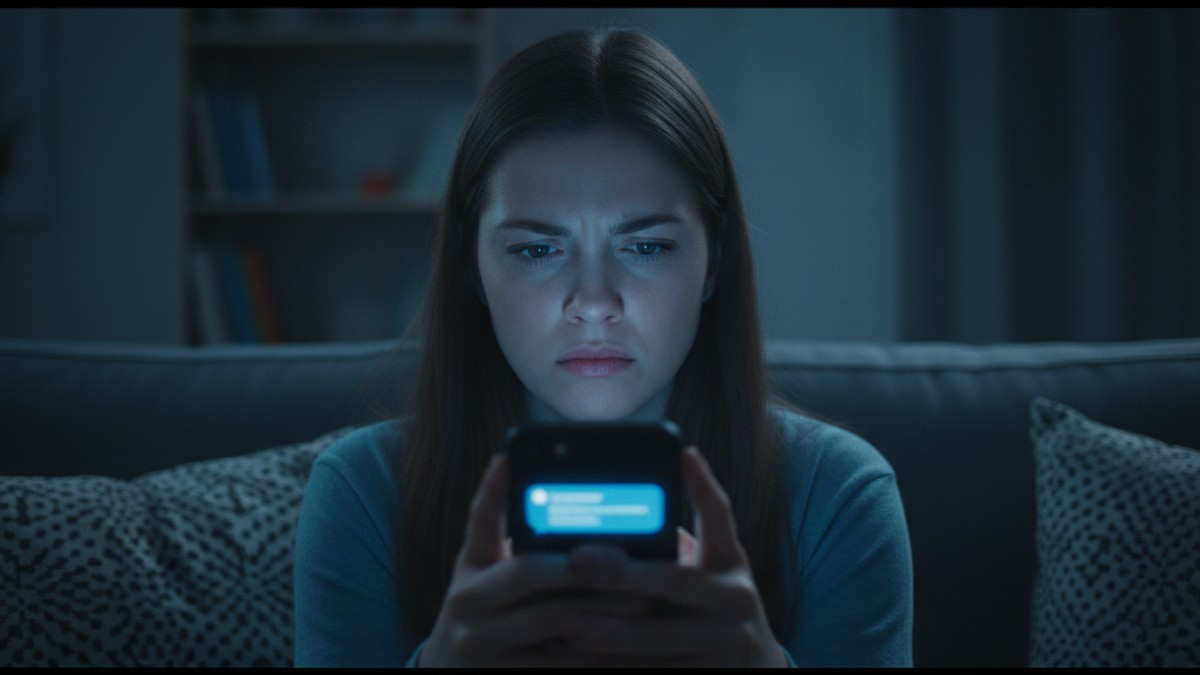 Person looking skeptically at a suspicious verification request message on their phone screen