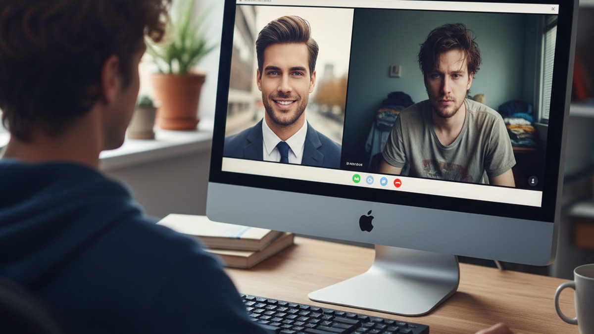Computer screen showing video call where profile photo does not match the real face on the call