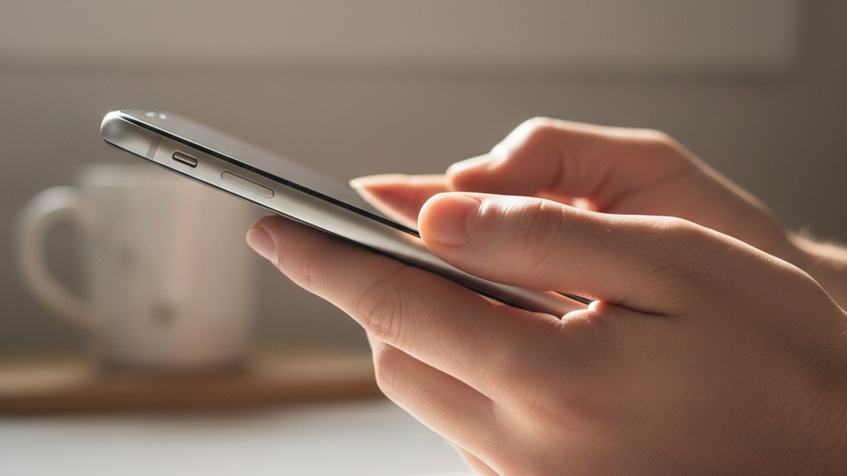Hands holding a smartphone, pausing before deciding what to do after receiving a suspicious Tinder verification request