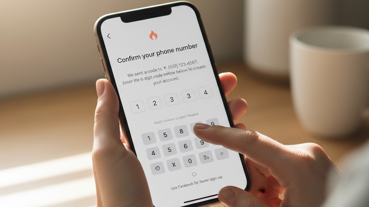 Hands entering SMS verification code on smartphone for Tinder phone number sign-up