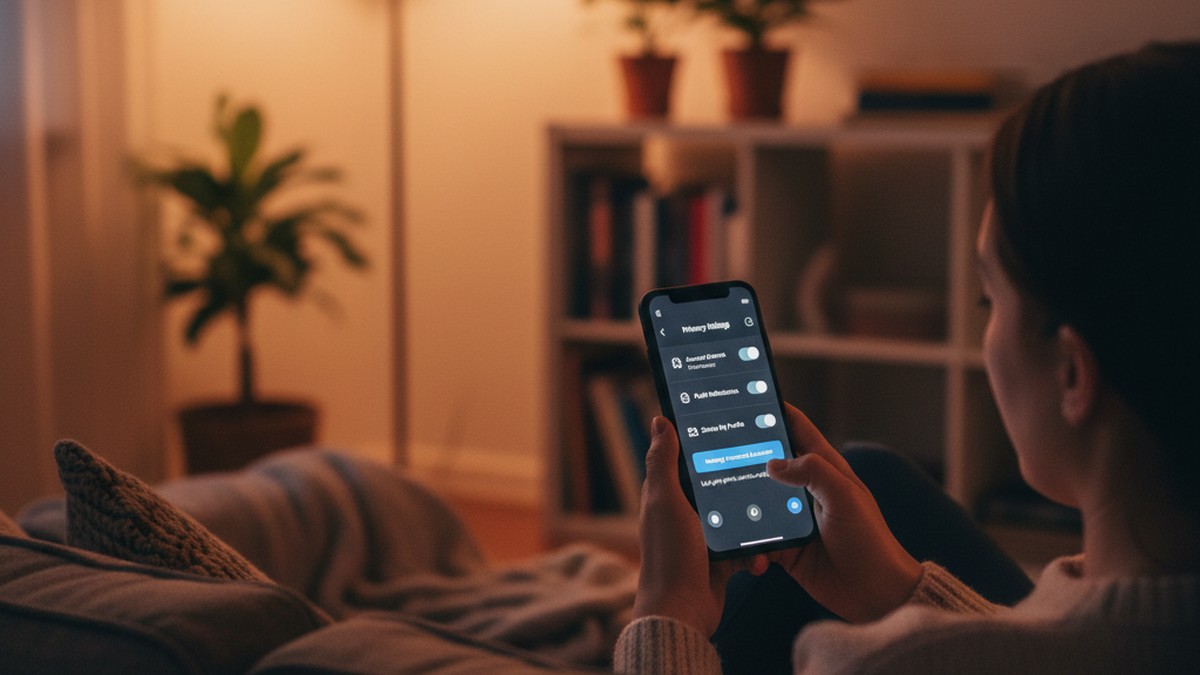 Person adjusting privacy settings on smartphone for dating app without Facebook