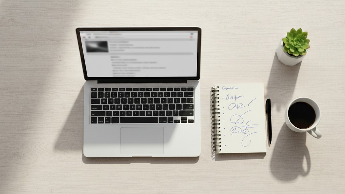 Overhead view of a research desk with laptop and notepad, representing legal methods to track dating app activity