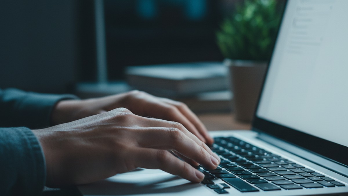 Close-up of hands typing on laptop checking device-level data to detect dating app activity