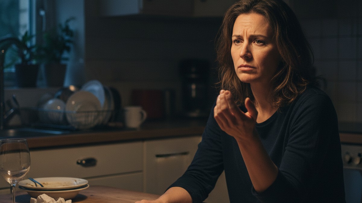 Person alone at kitchen table at night, weighing what to say — illustrating the psychology behind trickle truth