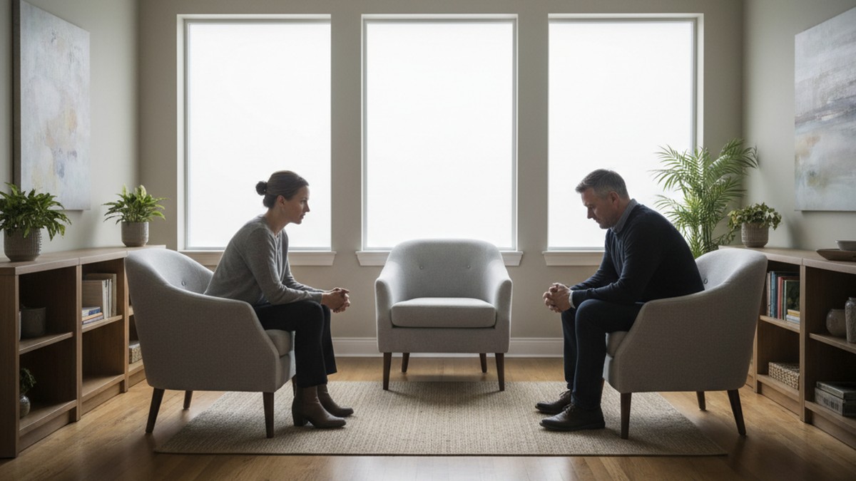 Two people in a counseling setting across from each other — representing therapeutic disclosure after infidelity