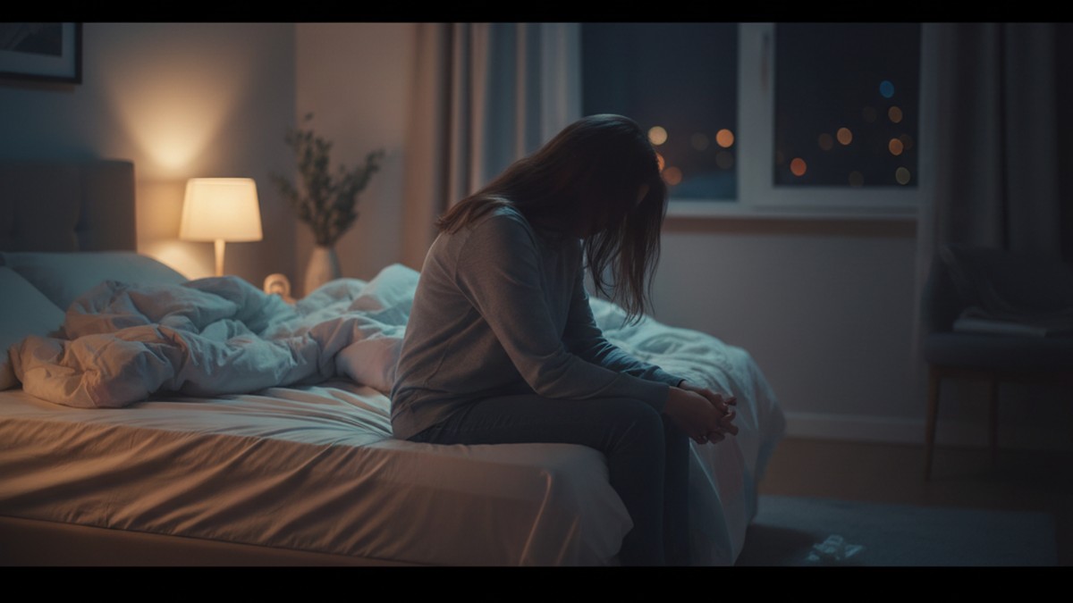 Person sitting on bed at night, phone in hand, reacting to a shocking discovery message