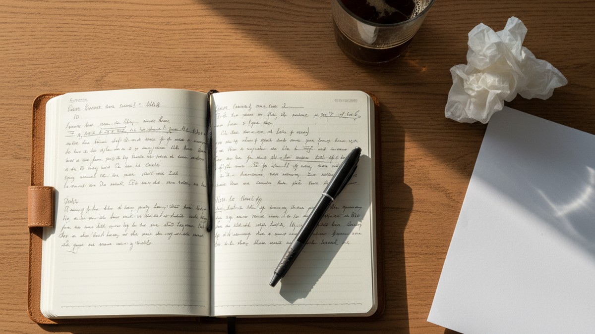 Open journal and cold coffee on a kitchen table, objects of someone processing trust issues after cheating