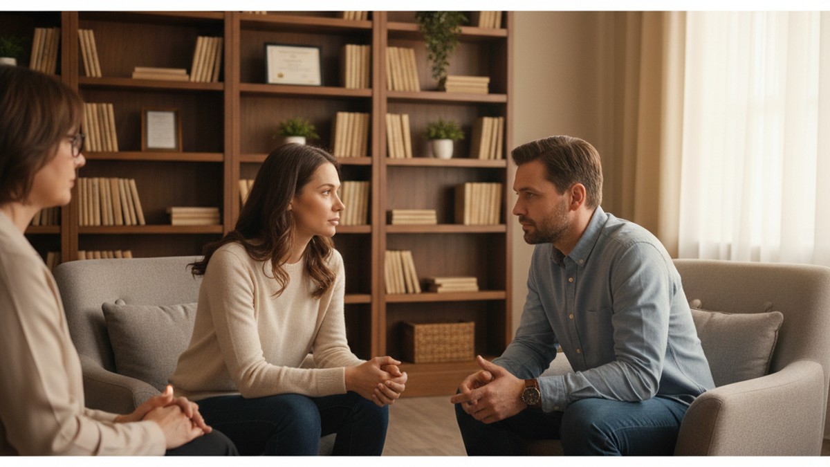 Couple in couples therapy session, leaning toward each other in conversation with therapist