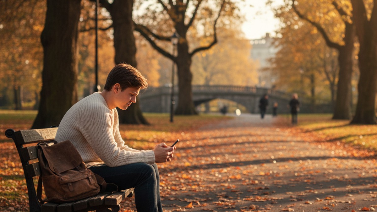 Person sitting on park bench looking thoughtful at phone after getting unmatched on Tinder