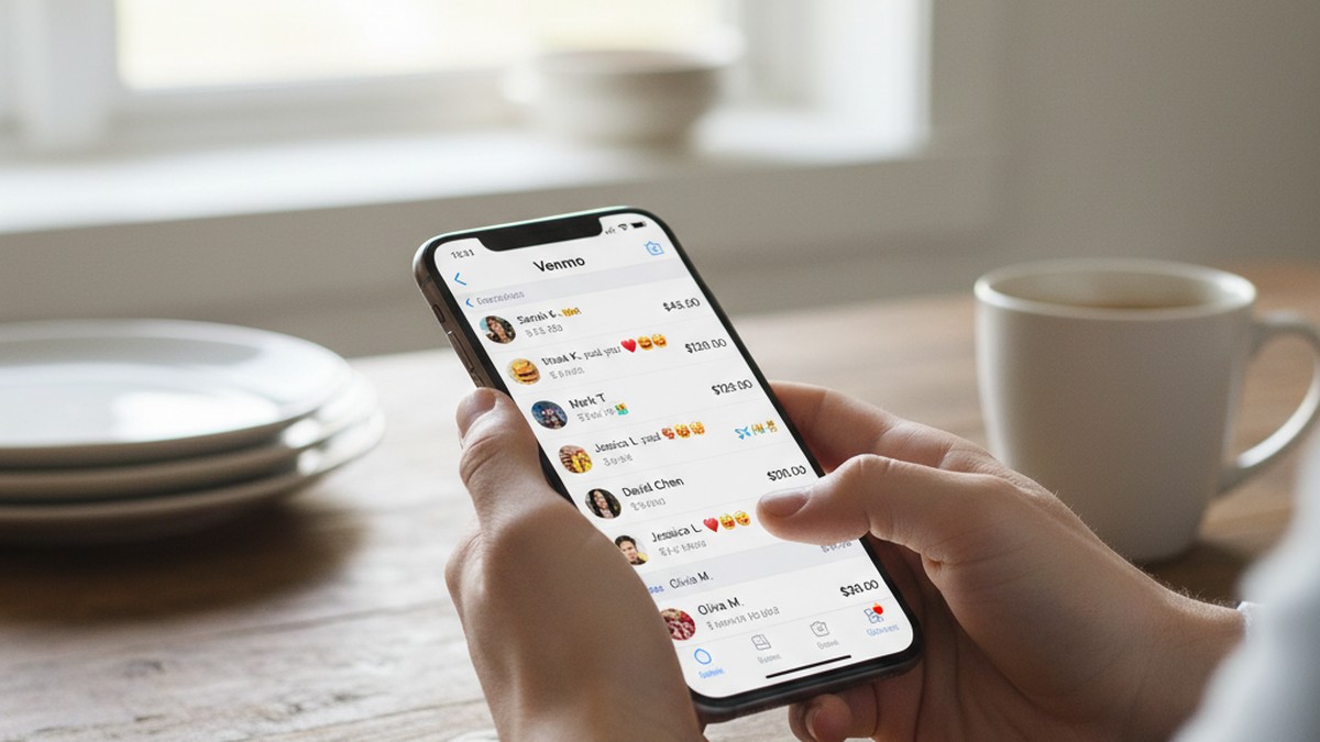 Hands scrolling through Venmo payment feed on smartphone showing transaction notes and recipient names