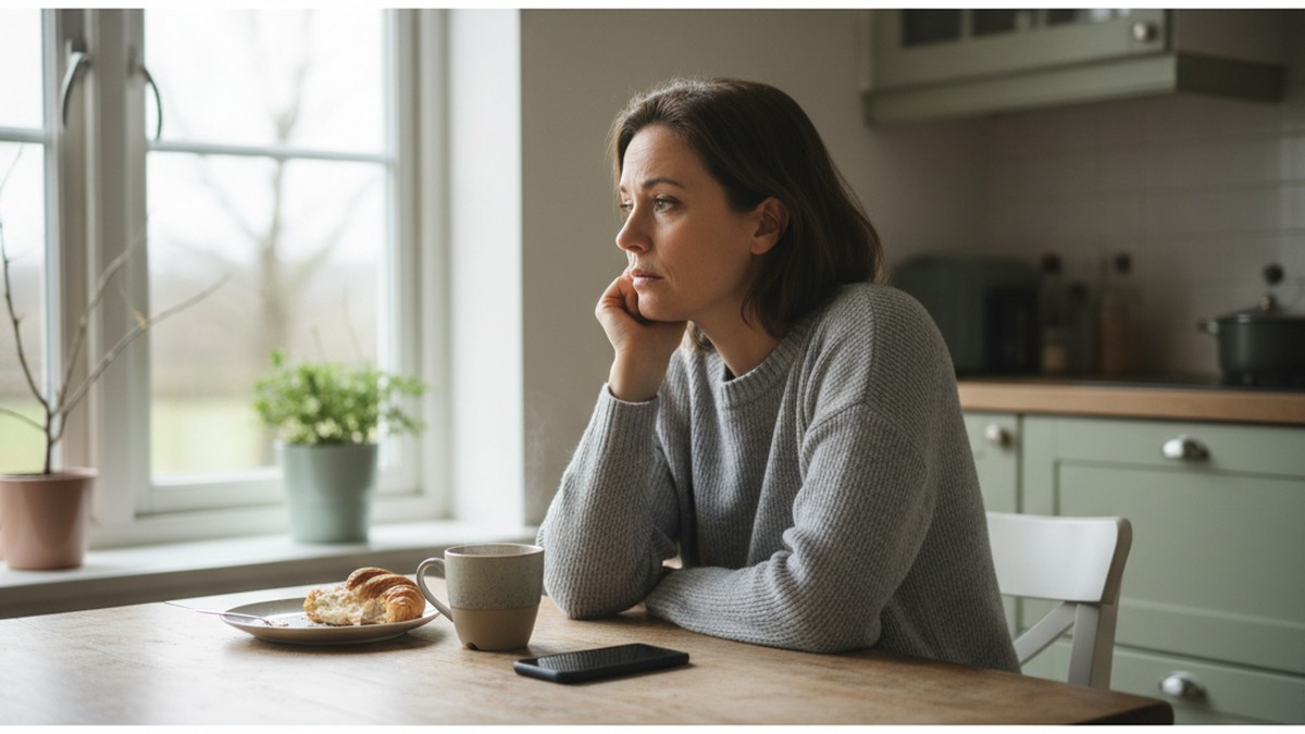 Woman sitting at kitchen table looking out window with phone face-down, processing what she found in partner's Venmo history