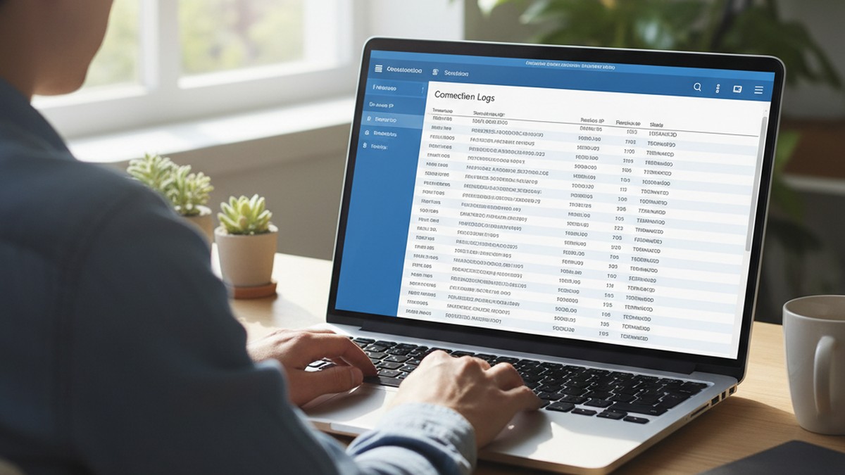 Person checking home router connection logs on a laptop to detect VPN activity