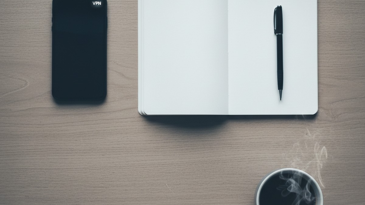 Phone face-up on desk showing VPN indicator beside a notebook and coffee