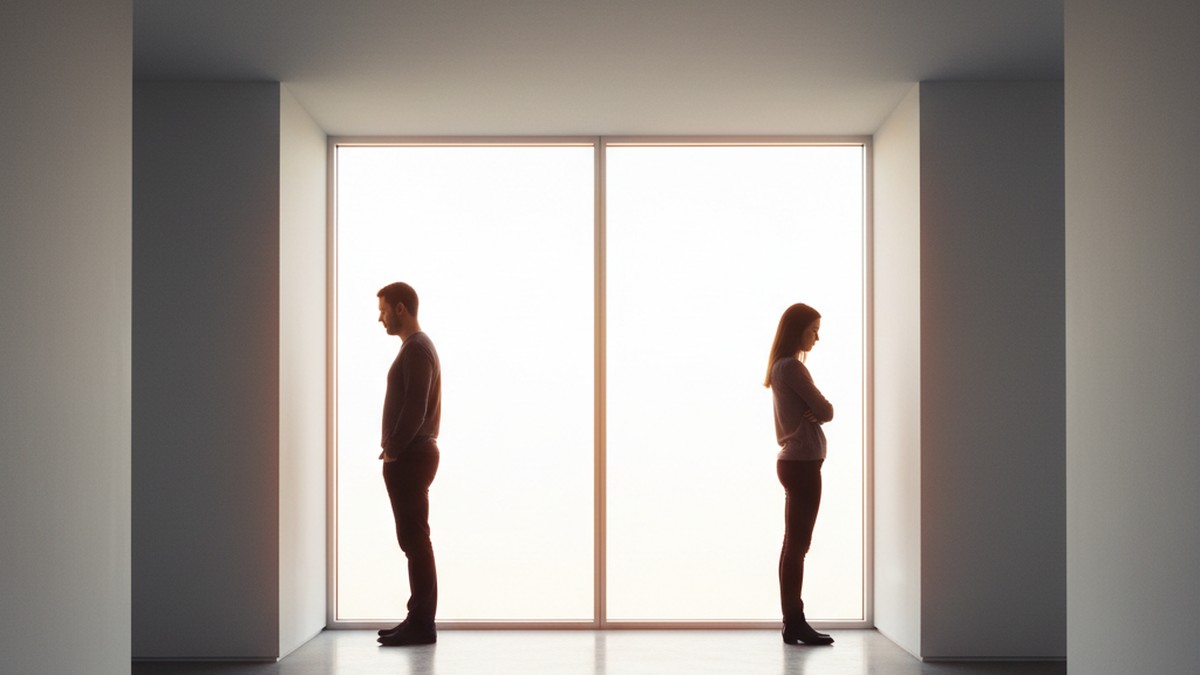 Silhouette of a man and woman on opposite sides of a doorway representing the gender gap in cheating