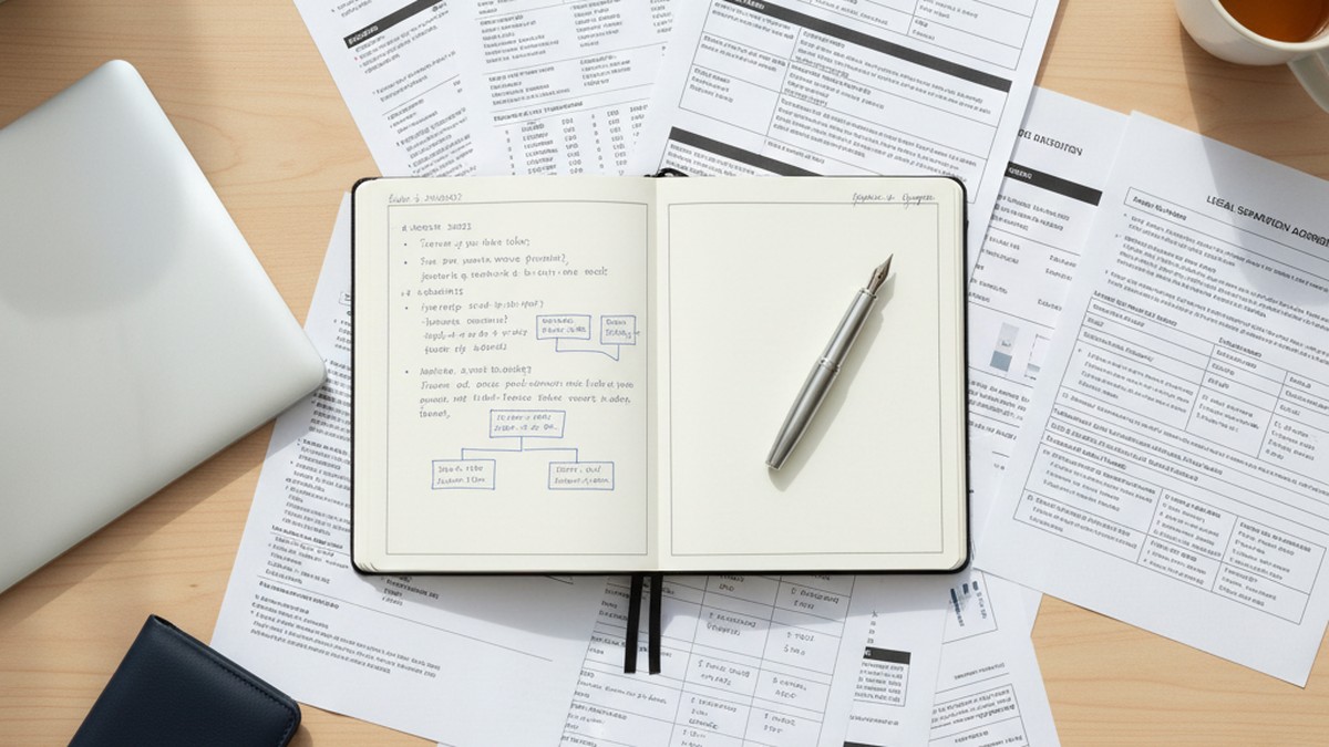 Organized documents and notebook on desk representing financial steps to take after discovering a partner is cheating