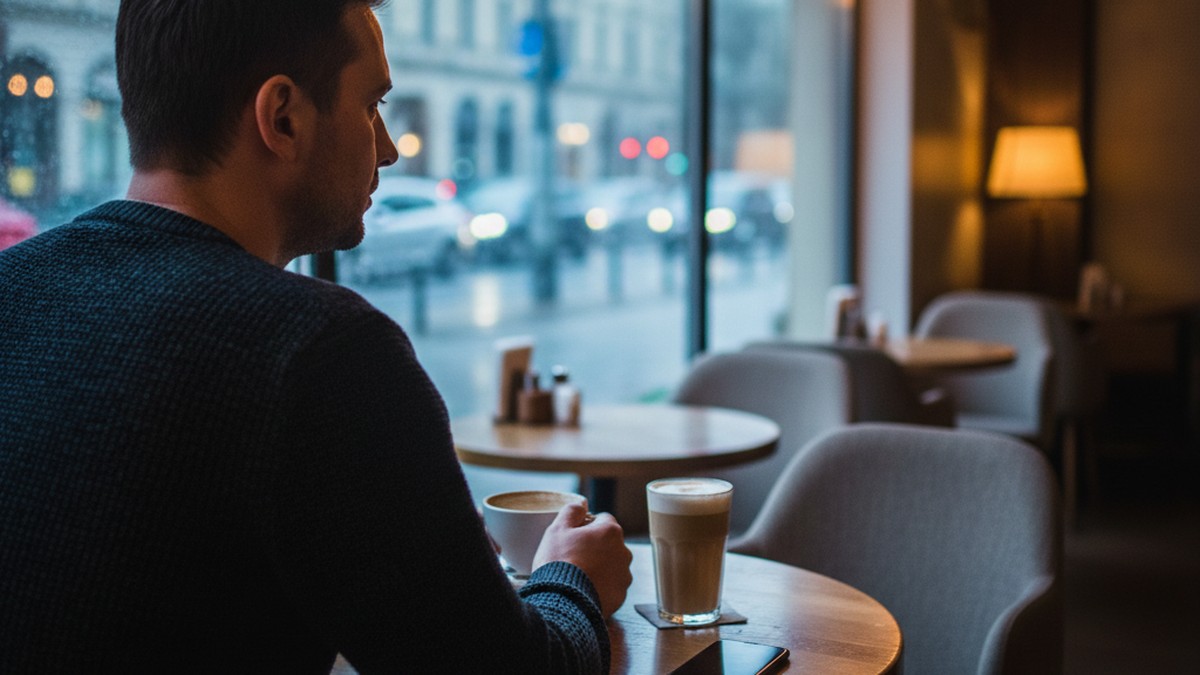 Person alone at a cafe looking out a rainy window, contemplating relationship and cheating statistics