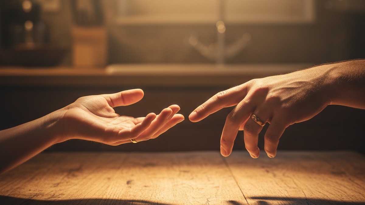 Two hands reaching toward each other across a table, symbolizing relationship recovery after infidelity