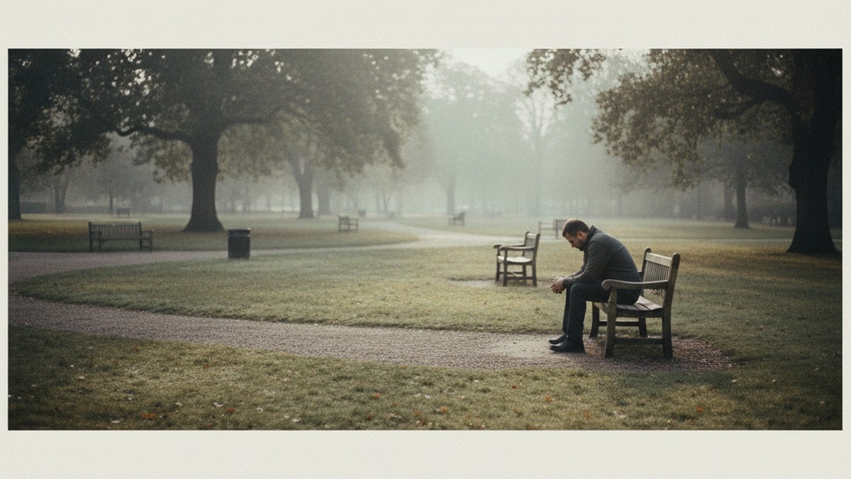 Man alone on park bench in early morning, conveying guilt and regret after cheating