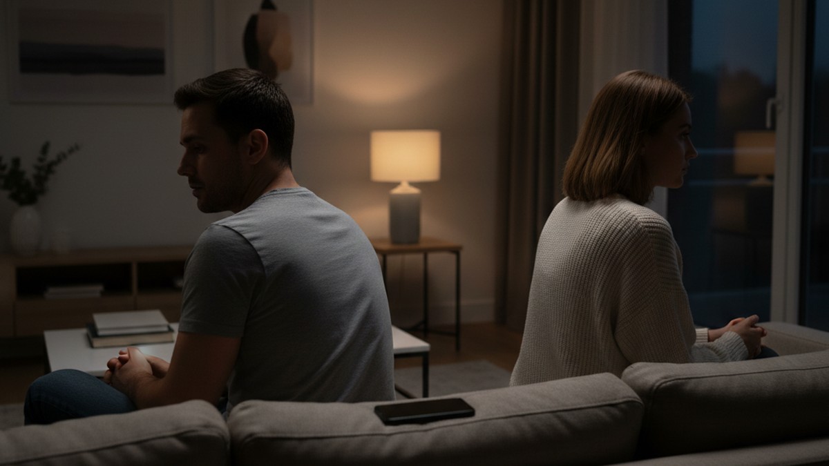 Couple sitting apart on couch with phone between them, showing silent tension in a relationship