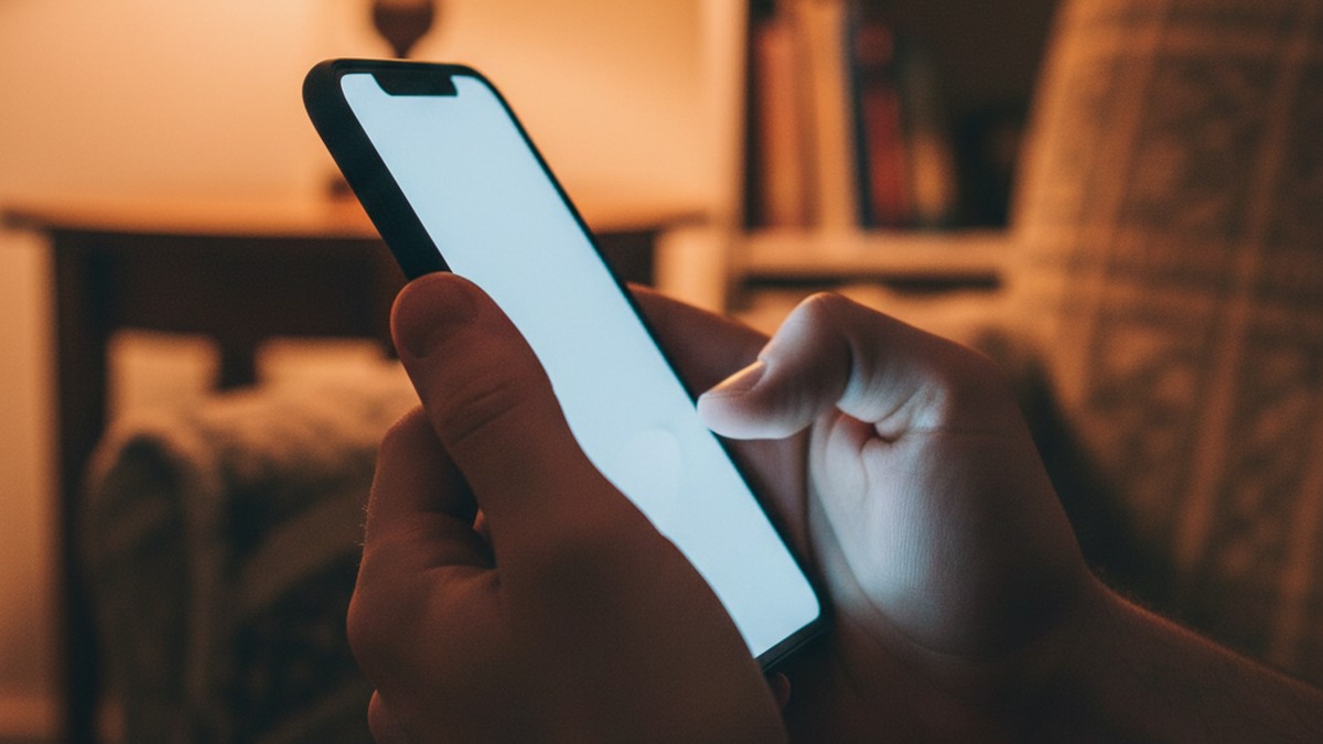Close-up of hands gripping a smartphone tilted away, screen glow visible on fingers
