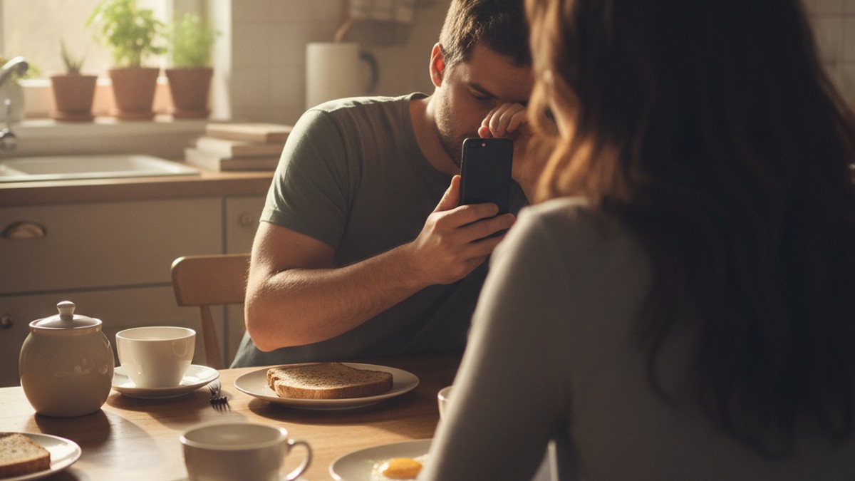 Over-the-shoulder view of a woman watching her partner angle his phone away across a kitchen table