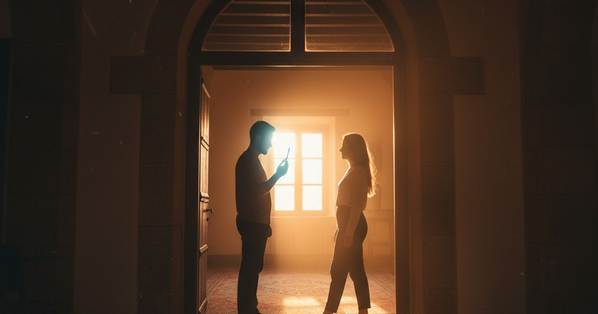 Silhouette of a couple on opposite sides of a doorway, backlit by warm golden light