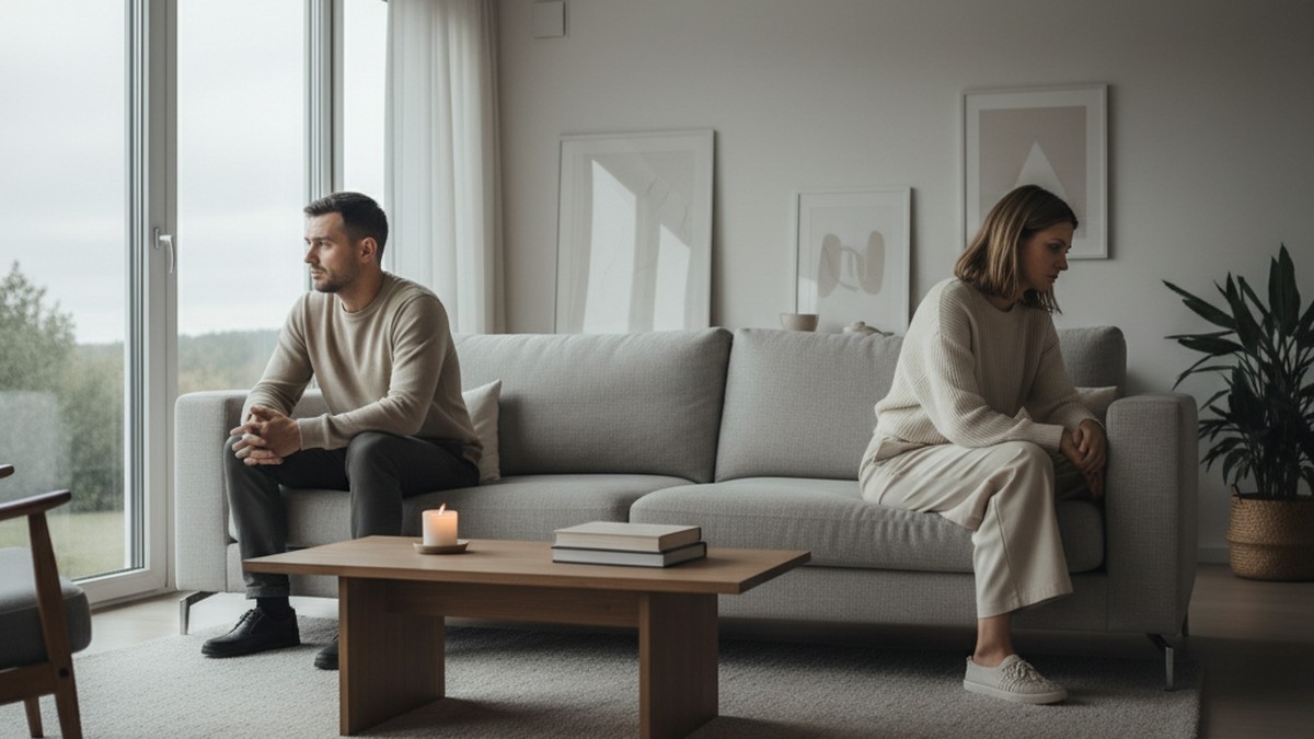 Couple sitting apart on sofa with emotional distance, illustrating attachment style and relationship disconnection
